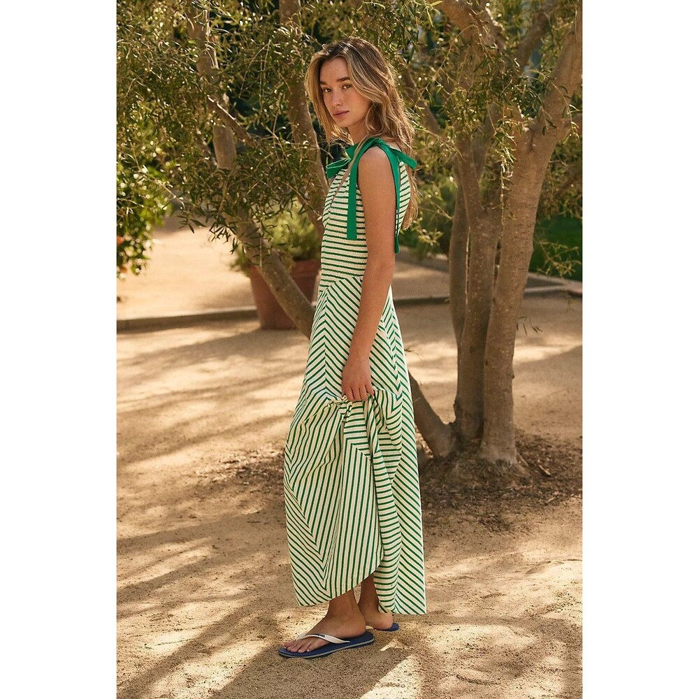Free People Free-Est Cecelia Midi Dress Striped Printed Smocked Cotton XL 286382 - Picture 3 of 8